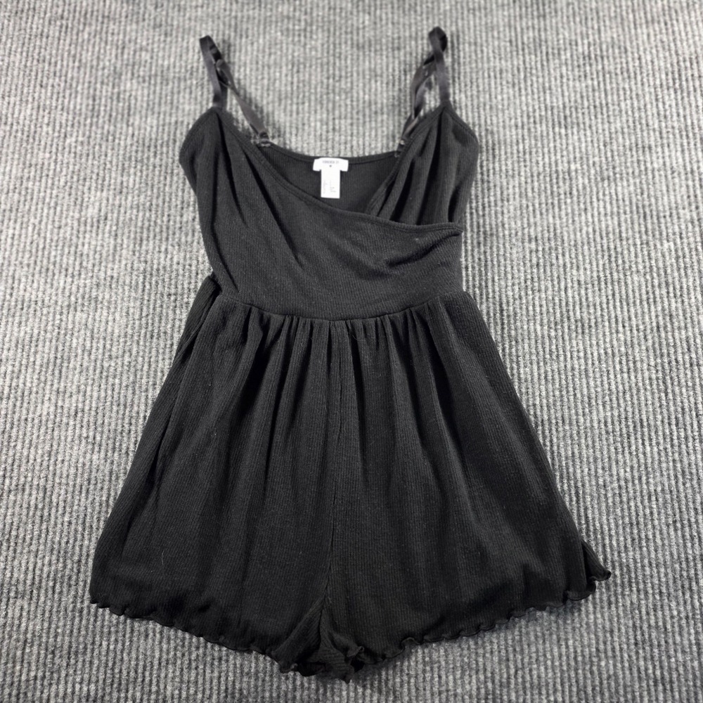 Forever 21 Womens Black Ribbed Knit Wrap Romper Lettuce‎ Edge Small